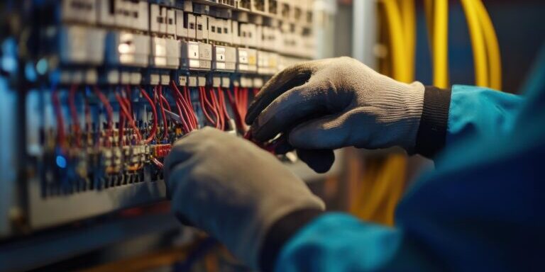 Electrical technician working on circuit panel wiring and connections.