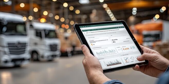 Warehouse logistics management with digital tablet at Meridian Systems.