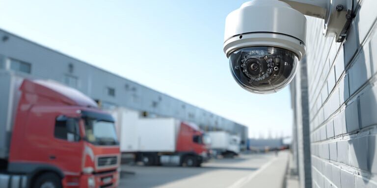Security camera monitoring trucks at logistics hub.
