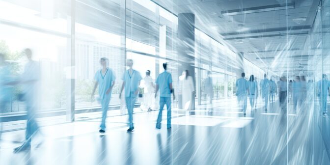 Hospital corridor with medical staff and visitors in a bright, modern healthcare facility.