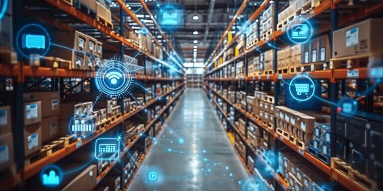 IoT-enabled warehouse with digital inventory management and smart logistics solutions.